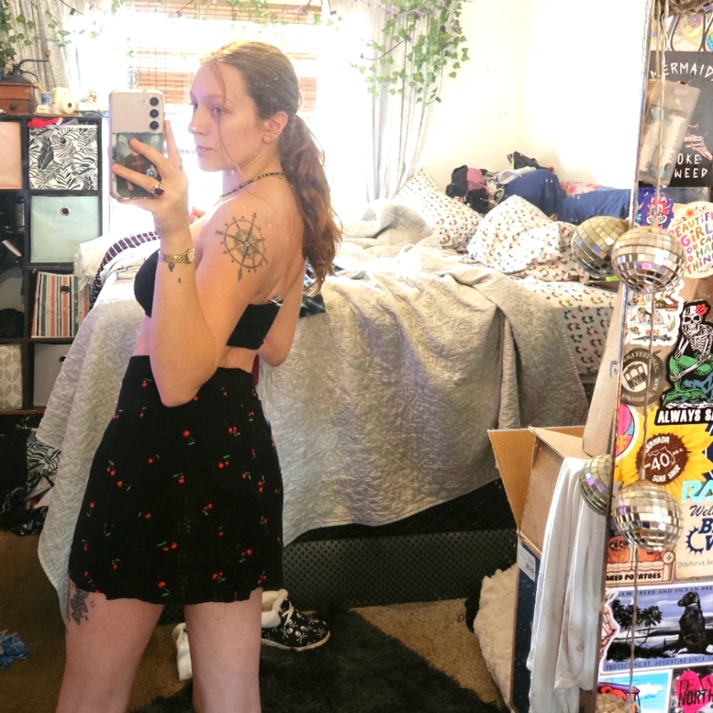Red cherry Lottie Moss black skirt; size extra small